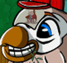 a cartoon of a bird with a monkey in it 's head