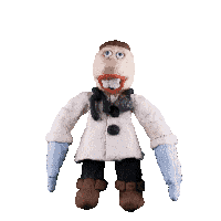 a cartoon character with a big nose and gloves on