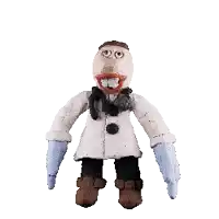 a cartoon character with a big nose and gloves on