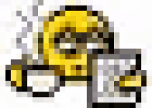 a pixel art smiley face is holding a cup of coffee and a glass of milk .