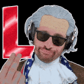 a man wearing a wig and sunglasses is giving the middle finger in front of a letter l