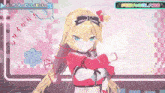 a girl with blonde hair and blue eyes is wearing a red shirt