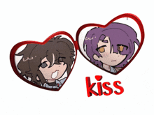 a couple of heart shaped frames with the word kiss on the bottom
