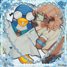 a picture of a penguin and a dog in a heart shaped frame with the words picmix at the bottom