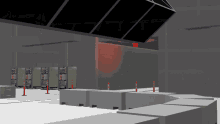 a computer generated image of a server room with a red light in the background