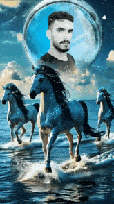 a picture of a man surrounded by horses with a globe in the background