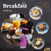 a menu for breakfast with a doll wearing a purple dress