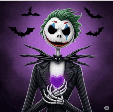 jack skellington dressed as the joker is holding a purple heart