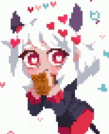 a pixel art of a girl eating a cookie with hearts around her head .