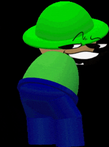a cartoon character wearing a green hat and blue striped pants