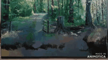 a painting of a path through a forest with trees and stump .