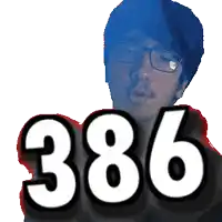 a man with glasses and the number 386 in front of his face