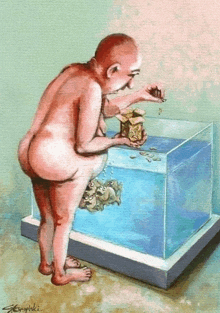 a painting of a naked man putting coins into a fish tank by s. krupinski