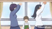 three anime girls are dancing in front of a window while a boy looks on .