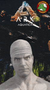 a poster for ark aquatica with a statue of a man in front of it