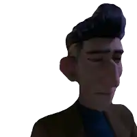 a cartoon man in a suit and blue sweater looks at the camera