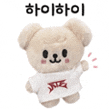 a teddy bear wearing a white shirt with chinese writing on it is standing on a white background .