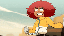 a cartoon character with red hair and the word coward on the bottom
