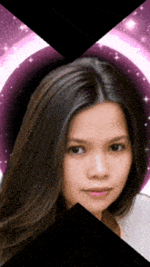 a woman 's face is surrounded by purple circles and stars