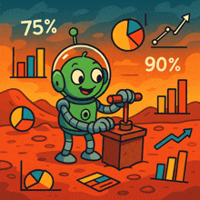 a cartoon illustration of a robot on mars surrounded by charts and graphs