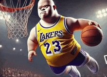 a cartoon of a lakers player with down syndrome holding a basketball