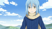 a blue haired anime character with yellow eyes and a scarf around his neck