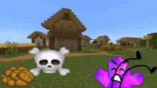 a skull and a purple crystal are standing next to each other in a field in a video game .
