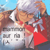 a man with glasses is holding a heart shaped gift box with the words " mammon aur ria " written below him