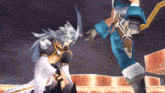 a video game character with long white hair is standing next to another character with blue pants