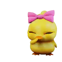 a cartoon chick with a pink bow on its head is holding a pink heart