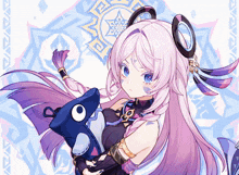 a girl with purple hair is holding a stuffed animal in her hands