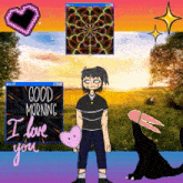 a cartoon character is holding a pink heart and says good morning i love you .