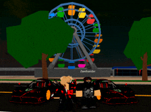 two roblox characters standing in front of a ferris wheel with the name zweihander on the wall