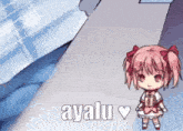 a little girl with pink hair is standing next to a piece of paper that says ' ayalu ' on it