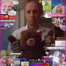 a man is holding a teddy bear in front of a collage of images including one that says i am crazy