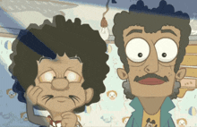 two cartoon characters with big eyes and a mickey mouse shirt on