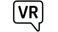 a black and white icon of a speech bubble with the word vr written inside of it .