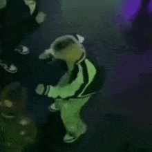 a person in a green and black striped jacket is dancing on a stage .