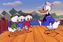 a cartoon of donald duck standing next to three ducks