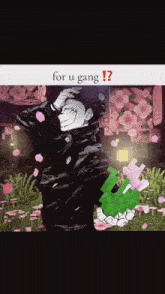 a picture of a man holding a green object with the words for u gang written below him