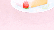 a slice of cake on a plate with whipped cream and a strawberry