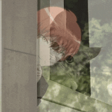 a cat is peeking out of a window with a girl behind it