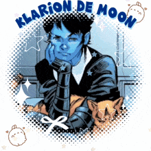 a comic book character named klarion de moon is sitting with two cats