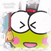a frog with a top hat and a broom says sanrio brxis on the bottom