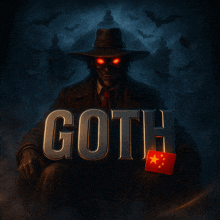 a man with red eyes and the word goth