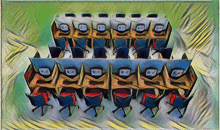 a painting of a row of cubicles with the letters nc on the front