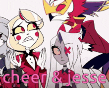 a group of cartoon characters are standing next to each other with the words cheer and jesse in pink letters
