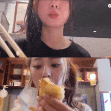 a woman eating a sandwich with chopsticks and another woman eating another sandwich