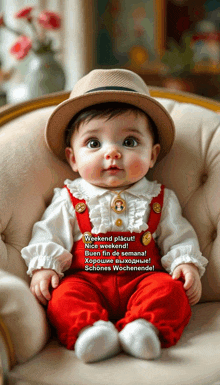 a baby wearing a hat and overalls sits on a chair