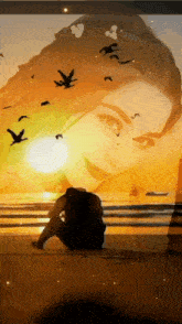 a painting of a woman sitting on the beach with birds flying around her head